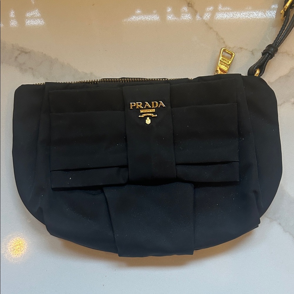 Prada Black Nylon Bow Clutch  with Gold Details